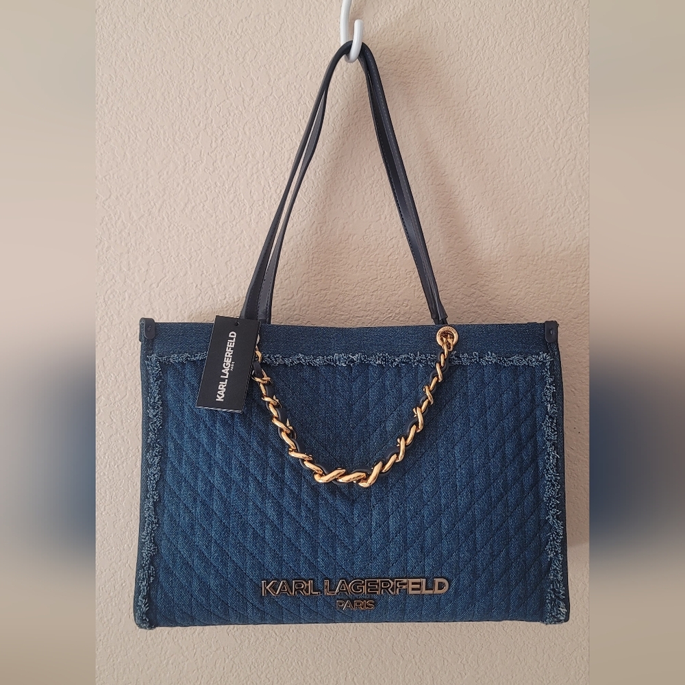 Karl Lagerfeld Quilted Denim Blue and Gold Tote